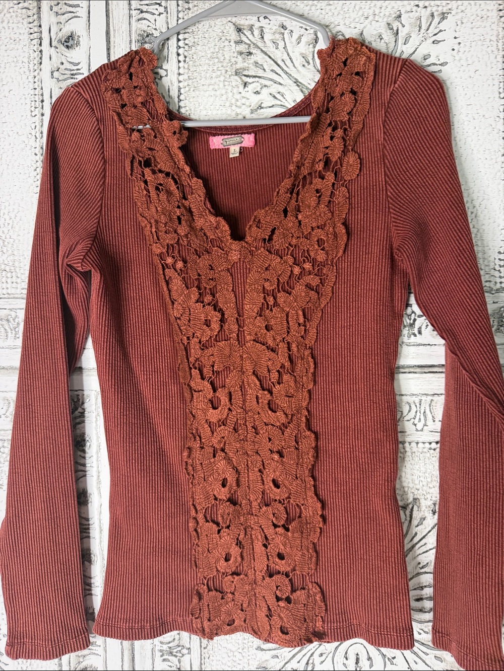 Women's Long-Sleeve Crochet-Trim Ribbed Top - Rust - Picture 2 of 5